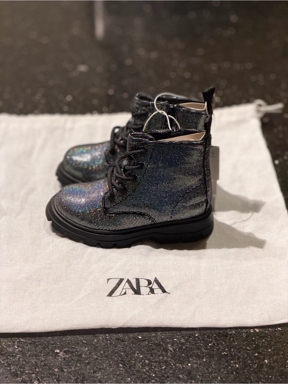 NWT Zara Baby Girl Holographic Iridescent Rainbow Black Ankle Boots Shoes 6.5C